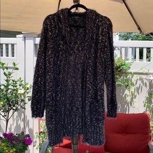 Long hooded cardigan.